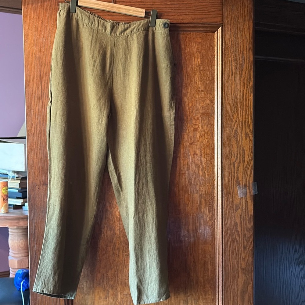 FLAX linen Olive  flat front Women's wide leg pants